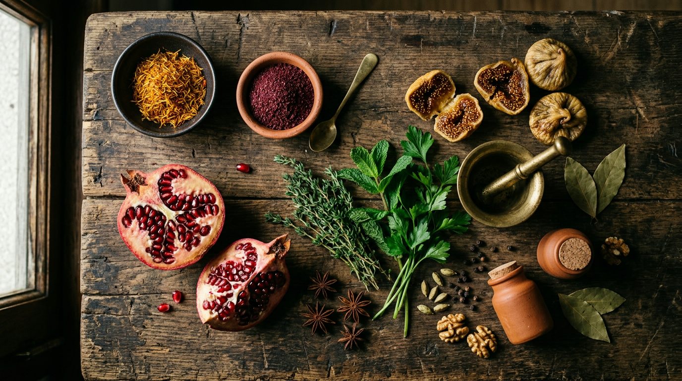 Turkish culinary ingredients: saffron, sumac, pomegranate, dried figs, and fresh herbs